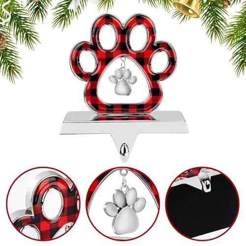 Hooqict Dog Paw Christmas Stocking Holder with Pendant for Mantel 3D Silver Metal Mantel Buffalo Plaid Stocking Holder Fireplace Decorations Christmas Stocking Hanger for Christmas Table Decor
