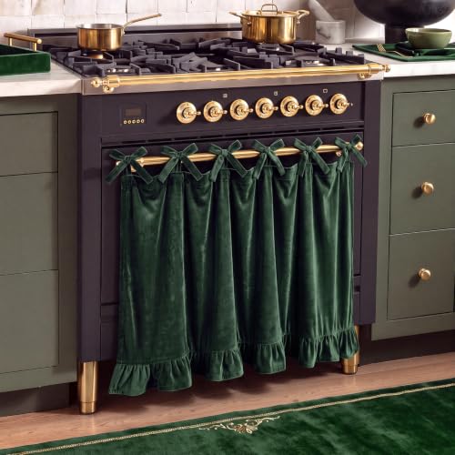 Velvet Oven Skirt Curtain Cover - Olive Green, 30x22in, Ruffled Kitchen Decor