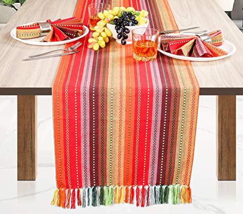 Red Multi 16x72 Inch Cotton Table Runner with Fringes - Salsa Stripe for Holidays