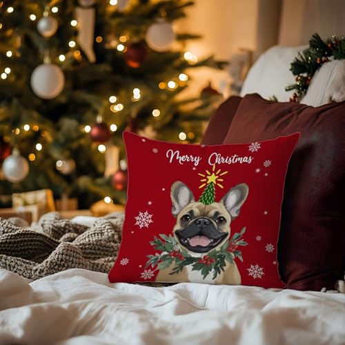 Frenchie Dog Christmas Throw Pillow Cover 18x18 - Red Xmas Snowflake Decor - Color 12