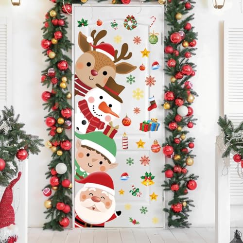 Christmas Animal Door Decals Santa Snowman Elk Kids Nursery Holiday Wall Stickers - 44.88 x 15.75 Inches