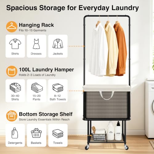 Rolling Laundry Cart with Hanging Bar, 100L Hamper & Storage Shelf