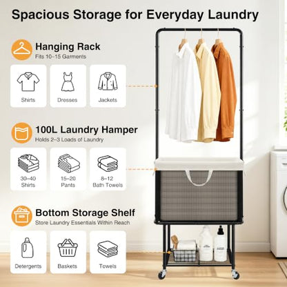 Rolling Laundry Cart with Hanging Bar, 100L Hamper & Storage Shelf