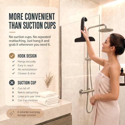 Black Silicone Shower Squeegee for Glass Doors with Built-In Hook