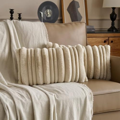 2 Pack Beige Faux Rabbit Fur Throw Pillow Covers 12x20 Inches - Cozy Home Decor