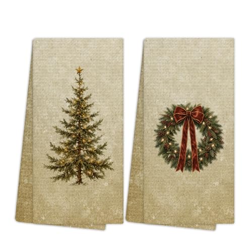 Christmas Tree4 Rustic Farmhouse Christmas Kitchen Towels Set of 2 - Vintage Neutral Winter Holiday Dish Hand Towels 16x24in