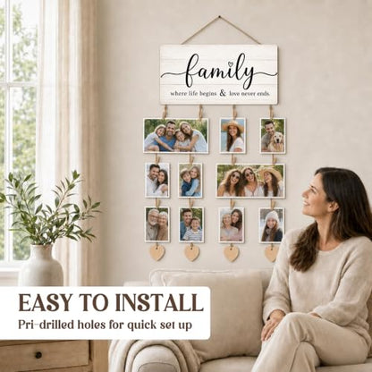 AWSICE Natural Wood Family Photo Frame Hanging Display Wall Decor