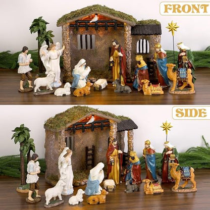 Fovths 7 Inch Lighted Nativity Stable Manger Figurine Set - 17 Pieces for Christmas Decor