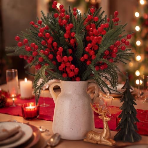 Christmas Table Decorations Set with Pine Picks, Berry Stems & Reindeer Figurine