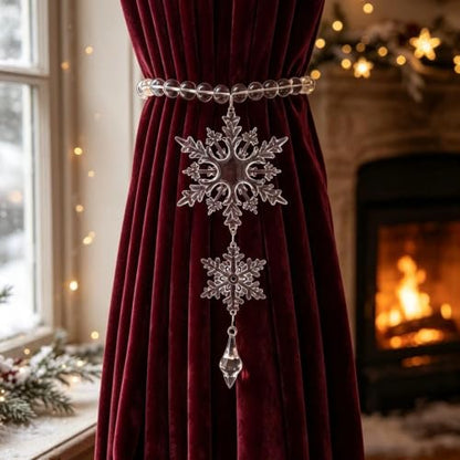 Snowflake Crystal Beaded Curtain Tiebacks - Magnetic Winter Decor Set of 2