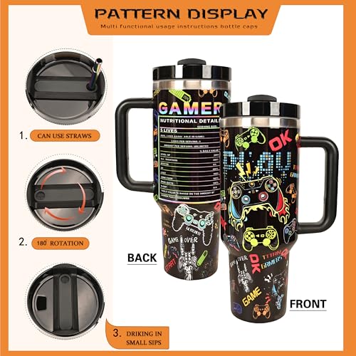 Black Gaming Water Bottle 40oz Insulated Tumbler with Handle & Straw