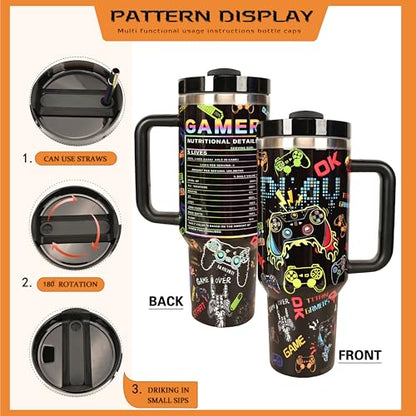 Black Gaming Water Bottle 40oz Insulated Tumbler with Handle & Straw