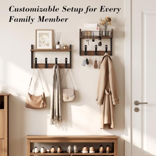 Brown 29-Inch Wall-Mount Coat Rack with Shelf and 11 Hooks - Wooden Entryway Organizer