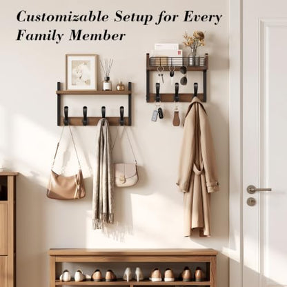 Brown 29-Inch Wall-Mount Coat Rack with Shelf and 11 Hooks - Wooden Entryway Organizer