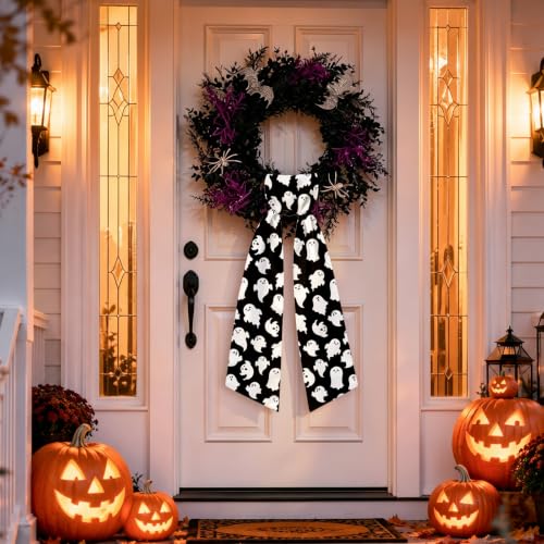 Halloween Ghost Wreath Sash Set for Front Door Decor - Black & White, 2 Pack