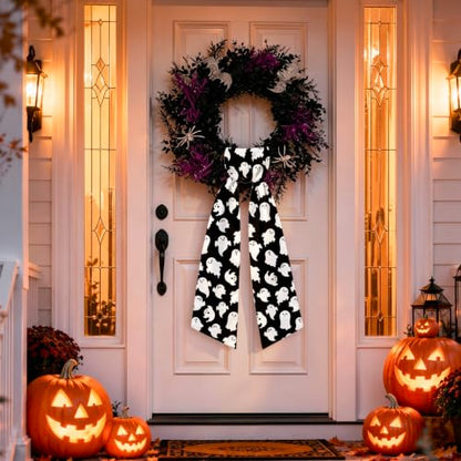 Halloween Ghost Wreath Sash Set for Front Door Decor - Black & White, 2 Pack