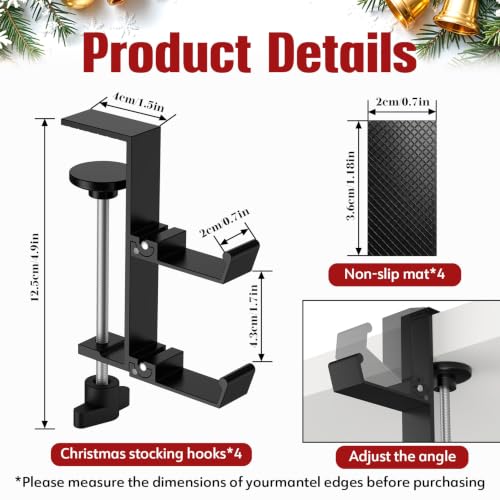 HUITEM 4 Pcs Stocking Holders for Mantle Black Adjustable Holiday Hooks
