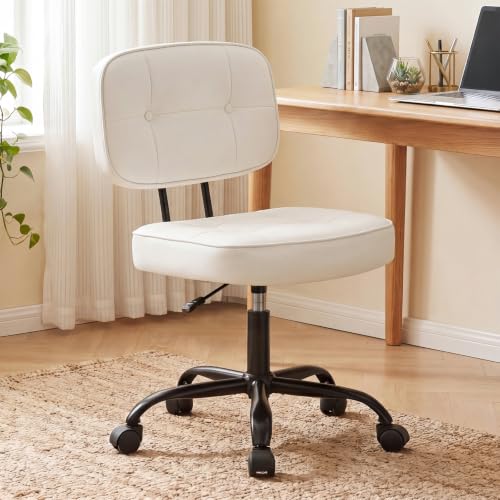 Armless Office Desk Chair with Wheels - Ivory White, 21.5"D Small Vanity Chair