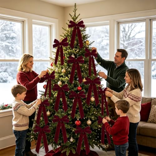 Burgundy Velvet Christmas Bow Set - Pre-Tied Holiday Tree Decorations, 12pcs