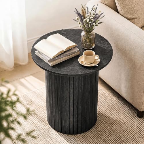 Giantex Round Side Table - Fluted Mid-Century Modern Drum End Table, Black