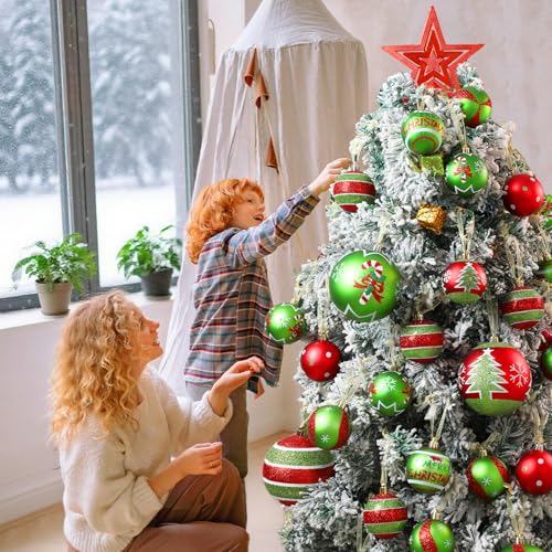Lanpn 6 Pack 4-Inch Large Outdoor Christmas Ornaments - Red & Green Glitter String Ball Decorations for Yard & Holiday Party - Style B
