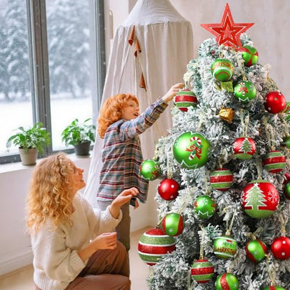Lanpn 6 Pack 4-Inch Large Outdoor Christmas Ornaments - Red & Green Glitter String Ball Decorations for Yard & Holiday Party - Style B