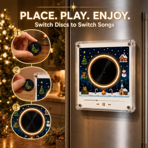 Black Christmas Mini Vinyl Record Player with NFC Discs & LED Glow - Magnetic Fridge Music Box