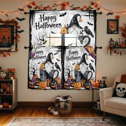 Halloween Swag Kitchen Curtains Set Black and White 3 Pieces with Snow & Orange Variations