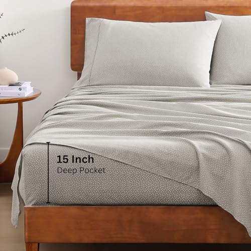 Lane Linen 100% Organic Cotton Grey (White Dot) King-Sheets Set, 4-Piece Long Staple Percale Weave Soft Best Bedding Sheets for Bed, Breathable, , Fits Mattress Upto 15inch Deep