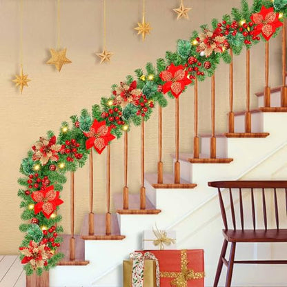 9Ft Pre-lit Christmas Garland with LED Lights Battery Operated Decorative Wreath for Indoor Outdoor Holiday Decor