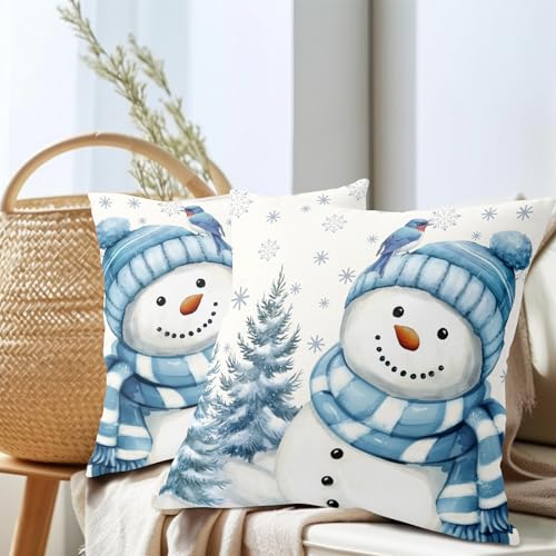 Sky Blue Christmas Snowman Pillow Covers 16x16 Inch Pack of 2 Winter Home Decor