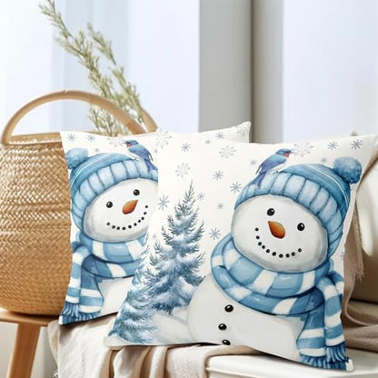 Sky Blue Christmas Snowman Pillow Covers 16x16 Inch Pack of 2 Winter Home Decor