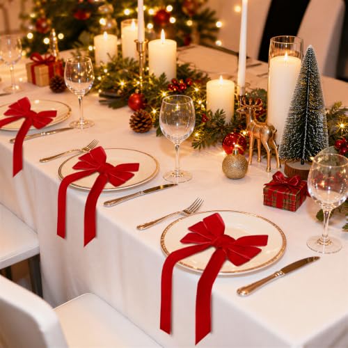 Christmas Napkin Rings Set - Red Velvet Bow 8 Pcs, 7.5 Inch Holiday Decor