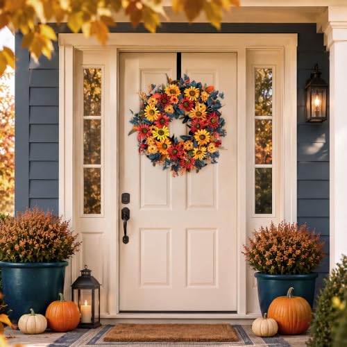 Fall Wreath for Front Door - 24 Inch Autumn Thanksgiving Halloween Decor - Orange, Red & Blue Variation