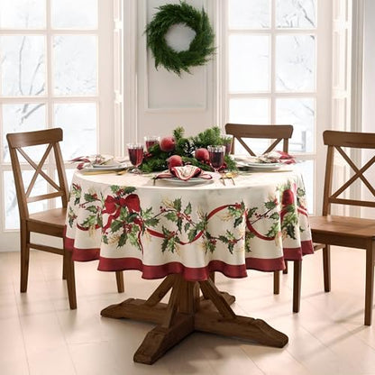 Holiday Christmas Tablecloth 60x84 Inches Red Holly Garland Damask