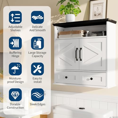 White Wall Mounted Bathroom Cabinet with Double Barn Doors and Removable Drawer - Farmhouse Style