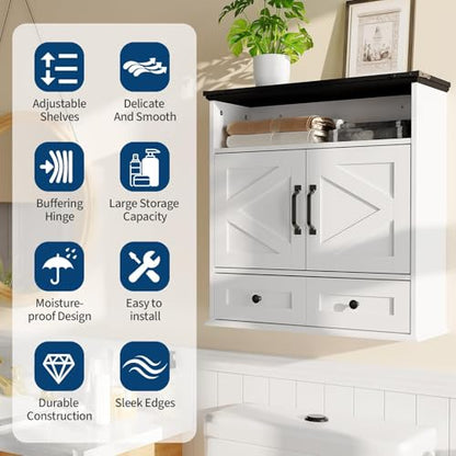 White Wall Mounted Bathroom Cabinet with Double Barn Doors and Removable Drawer - Farmhouse Style