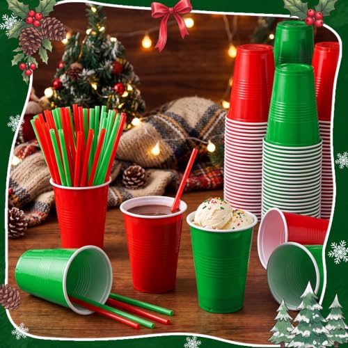 Christmas Red Green Plastic Disposable Cups with Straws - 120 Pcs Set