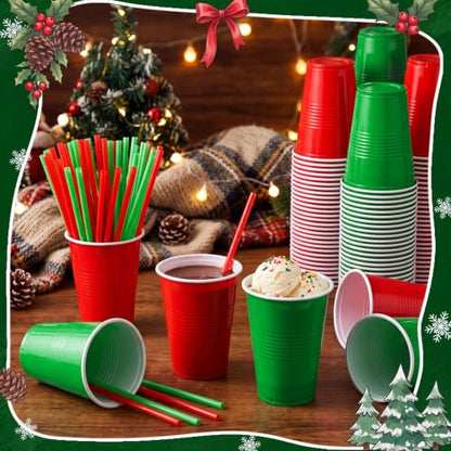 Christmas Red Green Plastic Disposable Cups with Straws - 120 Pcs Set