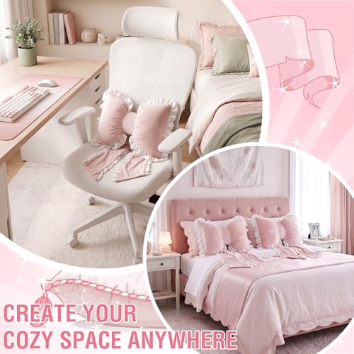 Pink Bow Pillow Set - Ruffled Dutch Velvet Decorative Cushions for Girls Room