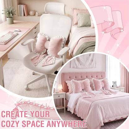 Pink Bow Pillow Set - Ruffled Dutch Velvet Decorative Cushions for Girls Room