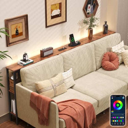 78.7-Inch Long Behind Couch Table with RGB Lights, Outlets & Bookcase - Narrow Space