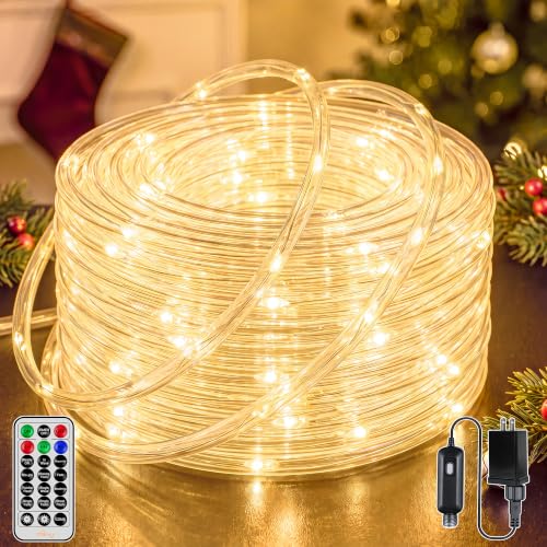 Outdoor Christmas Rope Lights 50FT 300 LED Warm White with Remote & Modes