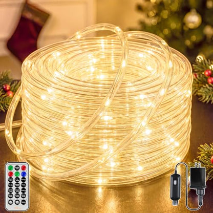 Outdoor Christmas Rope Lights 50FT 300 LED Warm White with Remote & Modes
