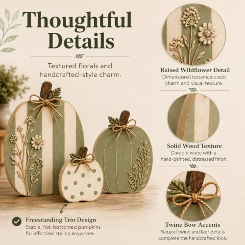 Wildflower Wooden Pumpkin Set - Farmhouse Fall Decor, 3 Sizes