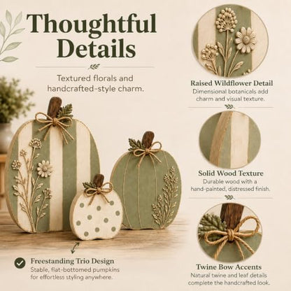Wildflower Wooden Pumpkin Set - Farmhouse Fall Decor, 3 Sizes