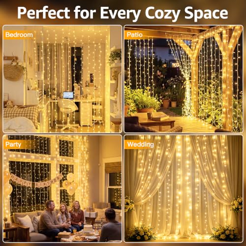 Ollny 200 LED Curtain Lights 6.6ft x 6.6ft Warm White String Lights with Remote