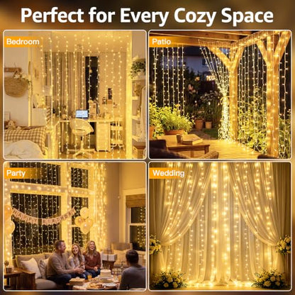Ollny 200 LED Curtain Lights 6.6ft x 6.6ft Warm White String Lights with Remote