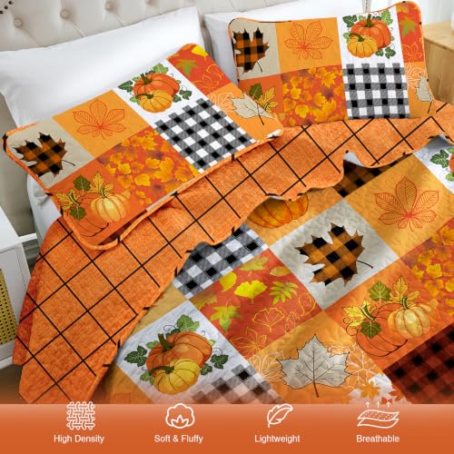 Thanksgiving Fall Quilt Set Queen Size Orange Patchwork Bedspread