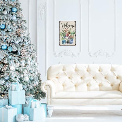 Winter Retro Tin Sign with Plants Snowflakes Welcome Christmas Wall Art 12x8